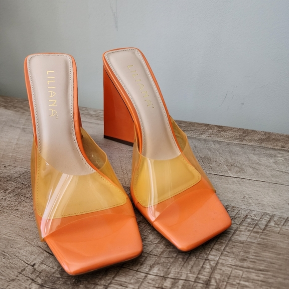 Liliana Shoes - Liliana Orange Block Heel Mules with Clear Yellow Accents